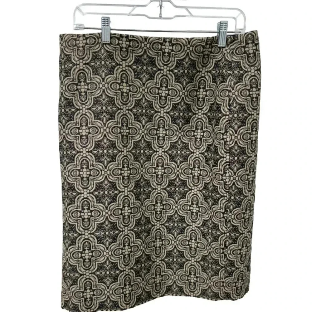 Talbots patterned pencil skirt, size 12, tan‎ and black, wool and polyester.